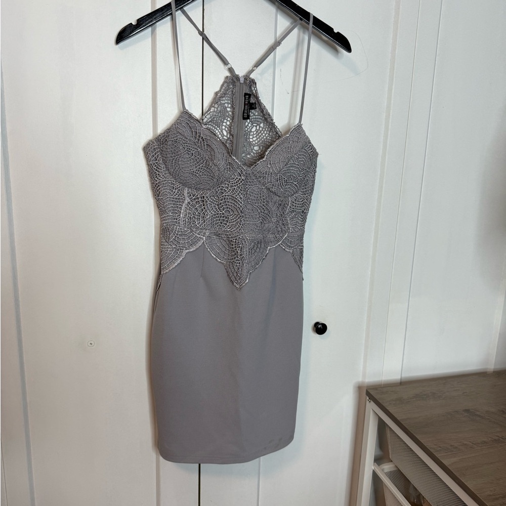 Fashion Nova grey Lace Halter mini dress - medium- adjustable straps